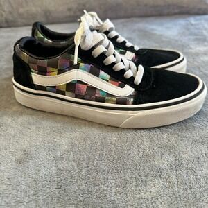 Vans Old Skool Checkerboard Iridescent Black Suede Sneakers Women's 5.5‎